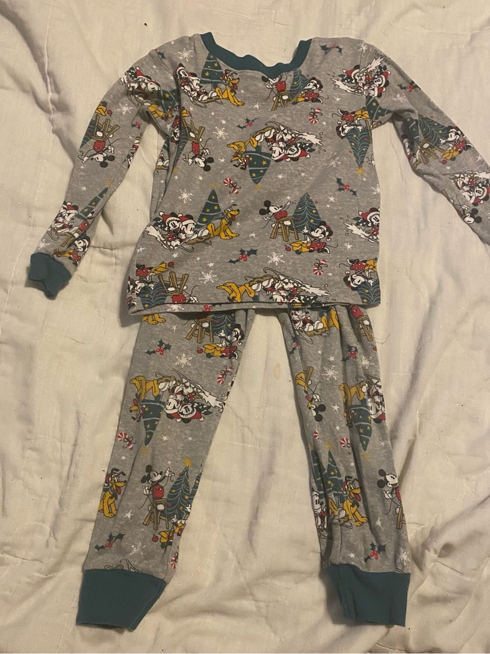 Disney Grey Mickey & Friends Holiday Pajama Set with Teal Cuffs